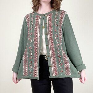 Vintage Embroidered Fair Isle Oversized Cardigan Sweater Fall Winter Cozy Long